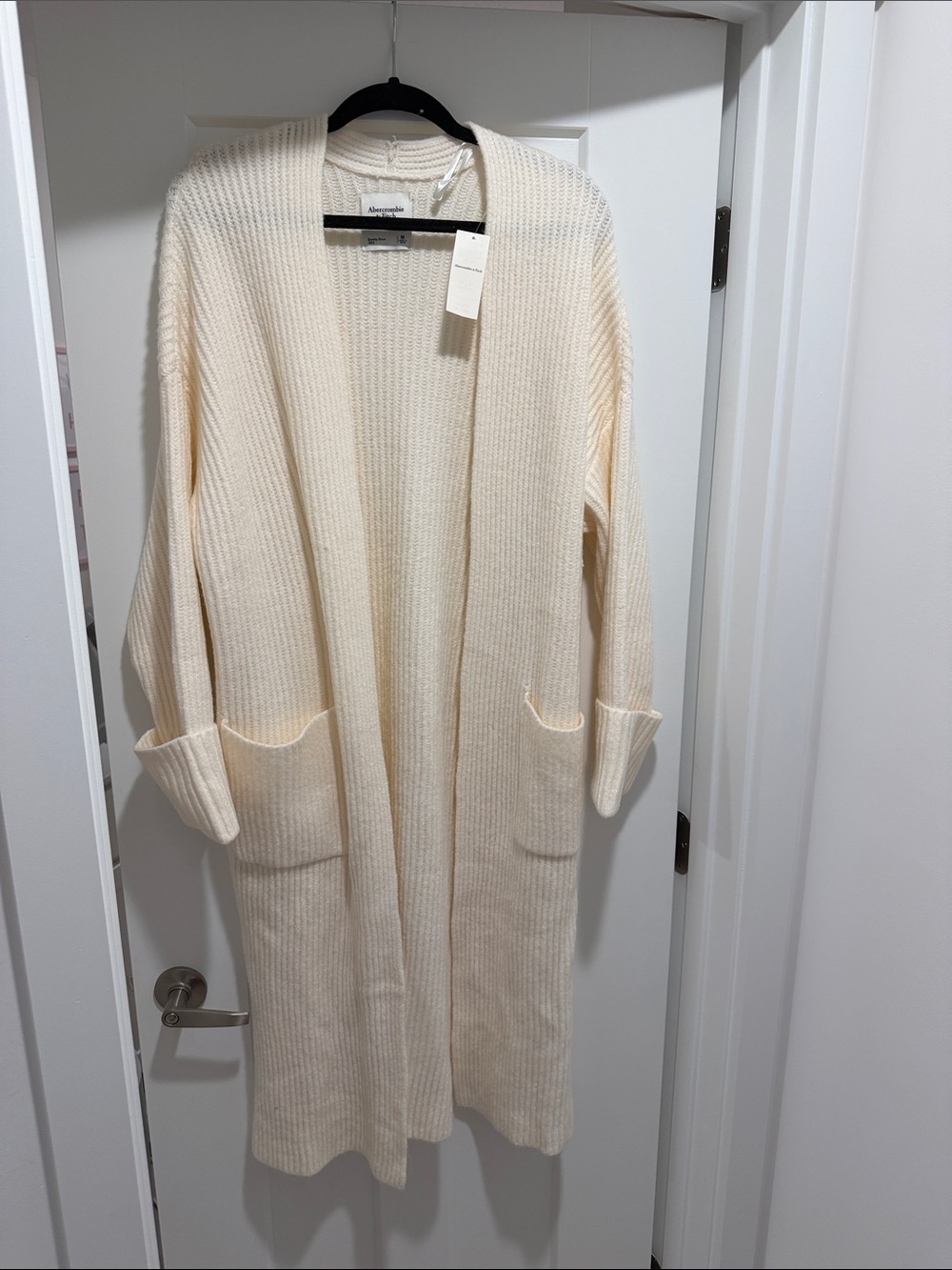 Abercrombie & Fitch Cream Ribbed Long Cardigan with Pockets